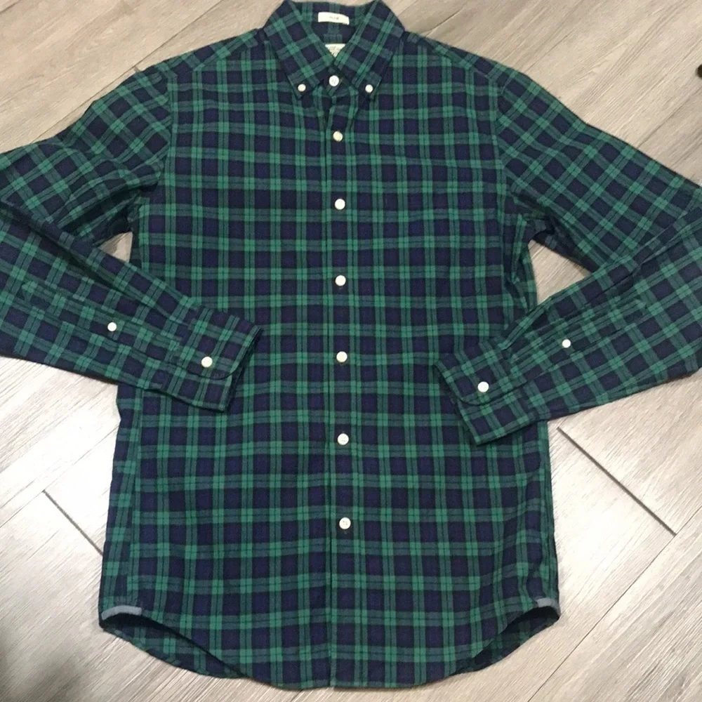 J. Crew 100% Cotton Shirting 2-Ply Slim Fit Ling Sleeve Blue & Green Plaid Shirt